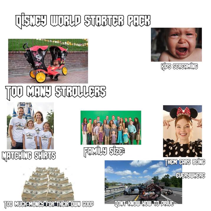 QISNEY WORLD STARTER PACK TOO MANY STROLLERS L KIDS SCREAMING MATCHING SHIRTS FAMILY SIZE THEM CARS BEING EVERYWHERE TOO MUCH MONEY FOR THEIR OWN GOOD DONT KNOW HOW TO DRIVE