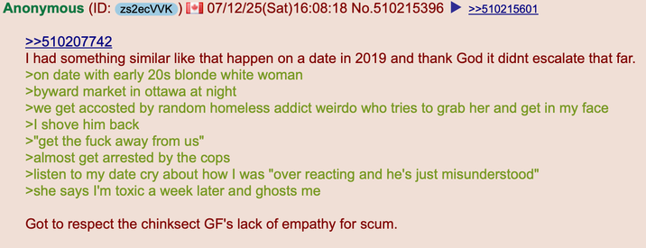Anonymous (ID: zs2ecVVK) 07/12/25(Sat) 16:08:18 No.510215396 >>510207742 >>510215601 I had something similar like that happen on a date in 2019 and thank God it didnt escalate that far. >on date with early 20s blonde white woman >byward market in ottawa at night >we get accosted by random homeless addict weirdo who tries to grab her and get in my face >I shove him back >"get the f--- away from us" >almost get arrested by the cops >listen to my date cry about how I was "over reacting and he's just misunderstood" >she says I'm toxic a week later and ghosts me Got to respect the chinksect GF's lack of empathy for scum.