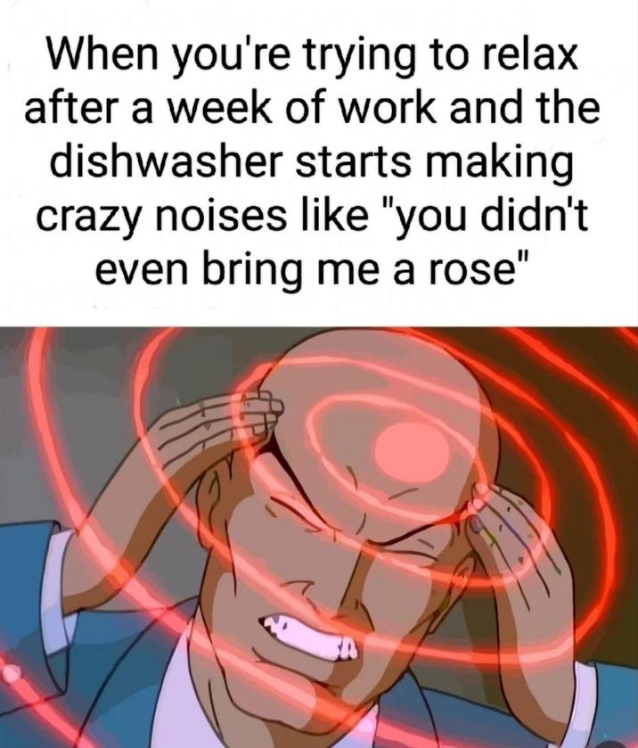 When you're trying to relax after a week of work and the dishwasher starts making crazy noises like "you didn't even bring me a rose"