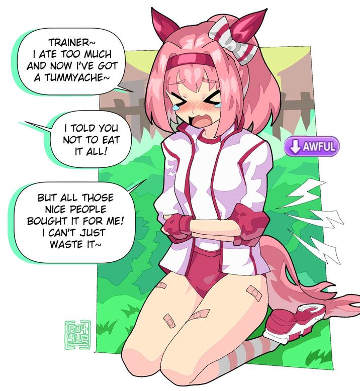 TRAINER~ IATE TOO MUCH AND NOW I'VE GOT A TUMMYACHE~ I TOLD YOU NOT TO EAT IT ALL! AWFUL BUT ALL THOSE NICE PEOPLE BOUGHT IT FOR ME! I CAN'T JUST WASTE IT~ 604