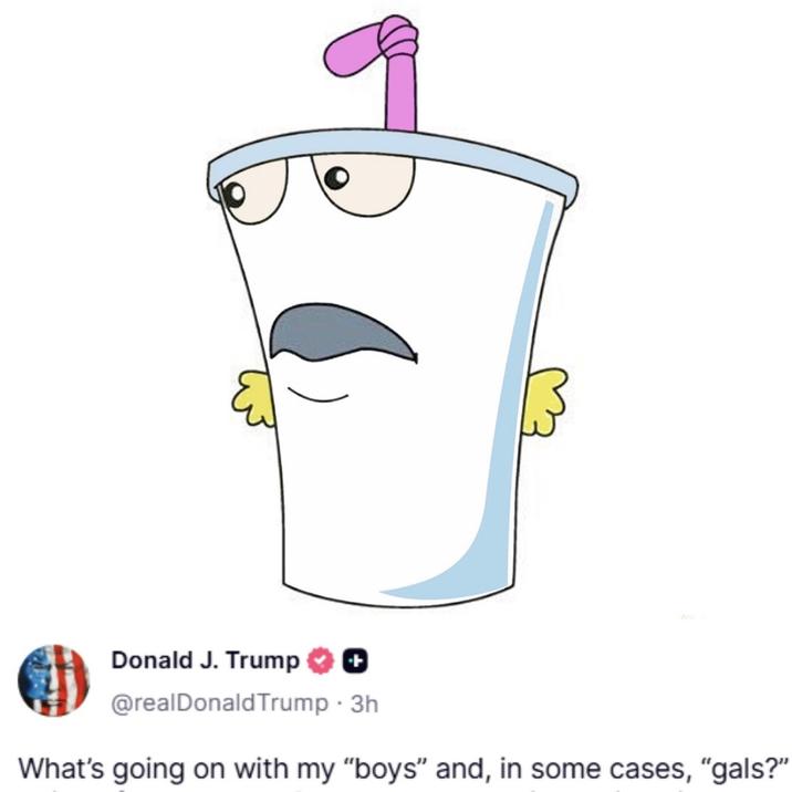 July 12th, 2025 tweet by @andykhouri X user @andykhouri posted an image of Master Shake from _Aqua Teen Hunger Force_ alongside Donald Trump's "boys, and in some cases, gals" tweet to jokingly suggest that the line sounds like something Master Shake would say. The post gathered over 10,000 likes in two days.
