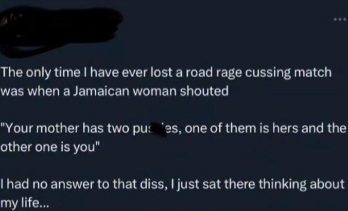 The only time I have ever lost a road rage cussing match was when a Jamaican woman shouted "Your mother has two puses, one of them is hers and the other one is you" I had no answer to that diss, I just sat there thinking about my life...