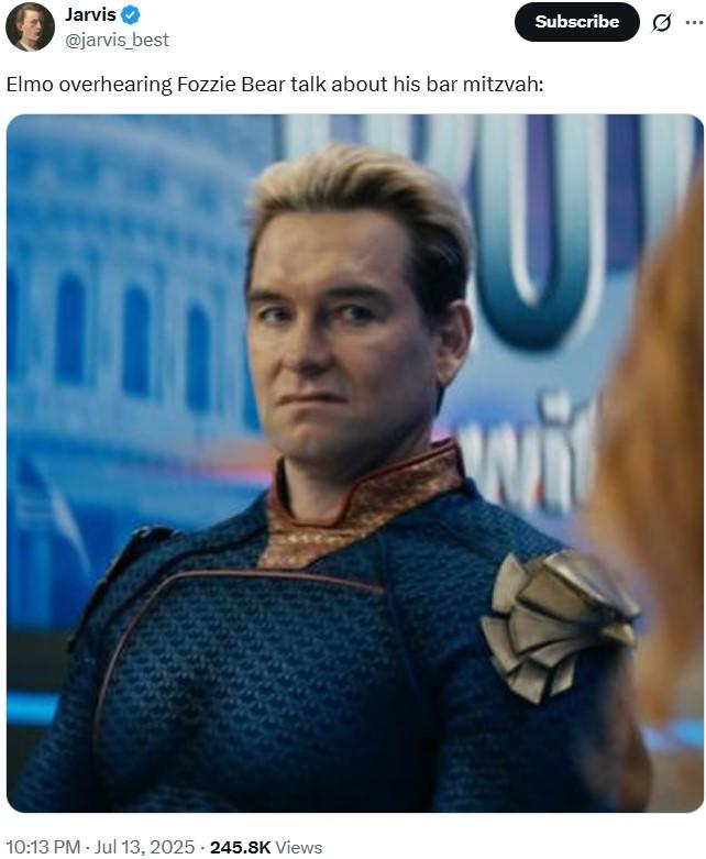 A "Disgusted Homelander":https://knowyourmeme.com/memes/disgusted-homelander meme. The meme reads, "Elmo overhearing Fozzie Bear talk about his bar mitzvah:," referencing Elmo's antisemitic tweets posted while hacked.