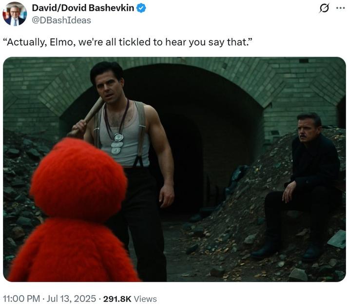 A tweet reading, "“Actually, Elmo, we're all tickled to hear you say that.” The tweet shares a meme from Inglorious Basterds.