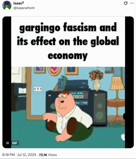 July 12th, 2025 tweet by @isaacwhom A GIF showing Peter Griffin from _Family Guy_ sliding on the floor alongside a caption that reads, "gargingo fascism and its effect on the global economy." The GIF was posted by @isaacwhom on July 12th, 2025, gathering over 7,600 in two days.