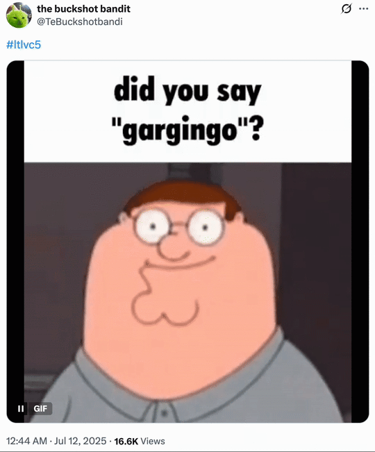 July 12th, 2025 tweet by @TeBuckshotbandi X user @TeBuckshotbandi posted a GIF showing Peter Griffin slowly turning around alongside text that reads, "did you say "gargingo"?" The post gathered over 2,000 likes in two days.