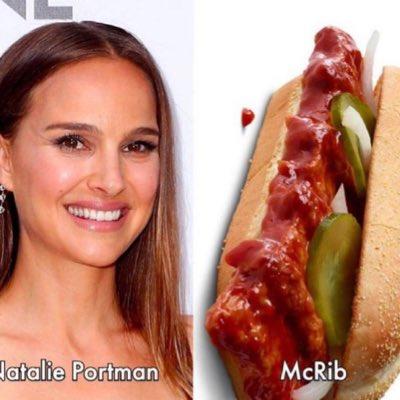 Natalie Portman McRib Comparison Meme (Both 41 Years Old In 2022) An image comparing Natalie Portman's age to the age of the McRib from McDonald's. The post was made in 2022 by @eatatchain on Twitter.