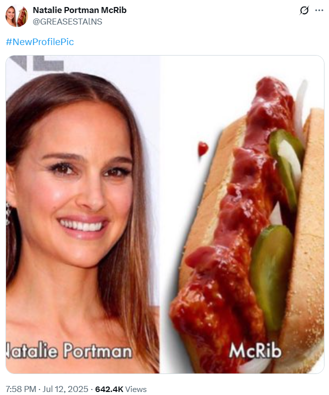 NewProfilePic Natalie Portman McRib GREASESTAINS A post by X user @GREASESTAlNS sharing their new profile pic. The pic is of Natalie Portman and a McRib.