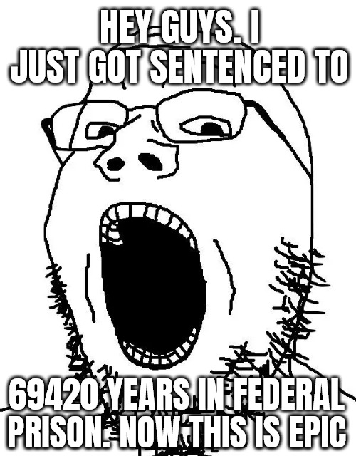 HEY GUYS.I JUST GOT SENTENCED TO 69420 YEARS IN FEDERAL PRISON NOW THIS IS EPIC
