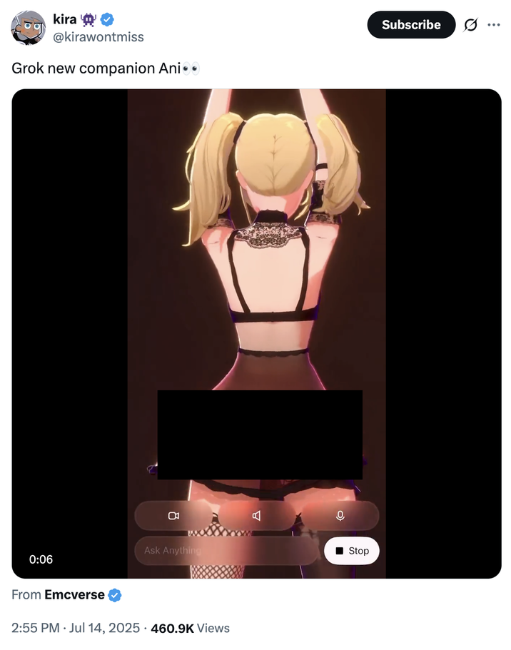 X user @kirawontmiss posted a tweet showing the Grok companion Ani's alternate outfit, where she goes from wearing a black dress to lacy, sheer lingerie. 