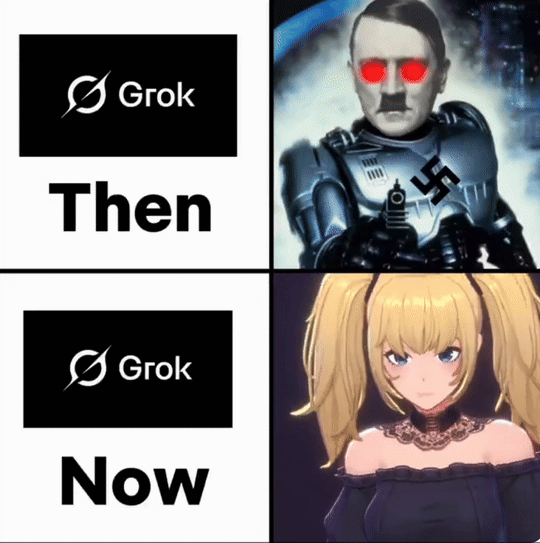 X user @hayasaka_aryan posted a meme comparing Grok calling itself "MechaHitler":https://knowyourmeme.com/memes/mechahitler-grok to Grok as the Companion Ani, gathering over 14,000 likes in a day.