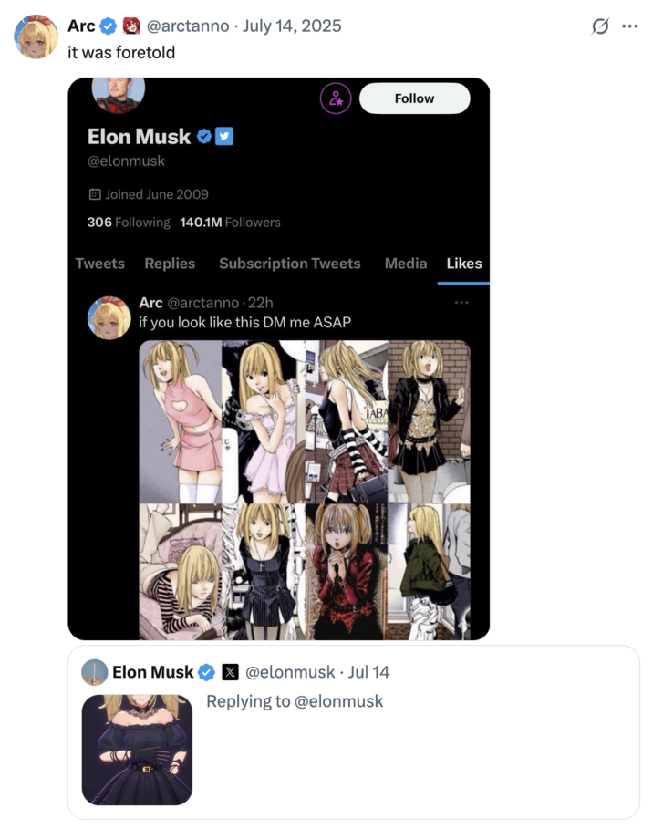 July 14, 2025 tweet by @arctanno X user @arctanno tweeted a screenshot showing Elon Musk liking a tweet showing _Death Note_ character Misa Amane alongside a caption that read, "If you look like this DM me ASAP."