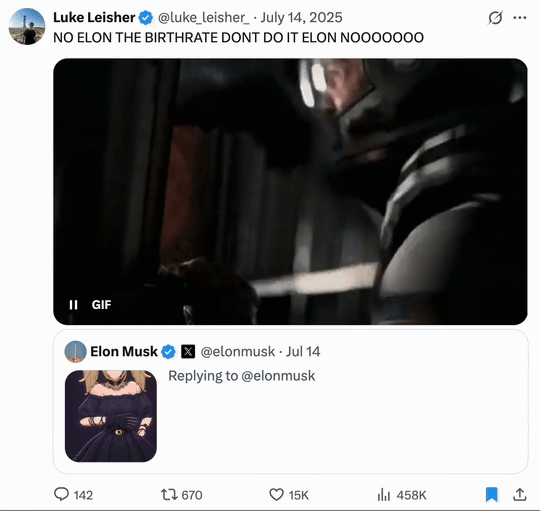 July 14th, 2025 tweet by @luke_leisher_ X user @luke_leisher_ posted a GIF from _Interstellar_, jokingly implying that the Grok Companion Ani will negatively affect national "birth rate." The post gathered over 15,000 likes in a day.