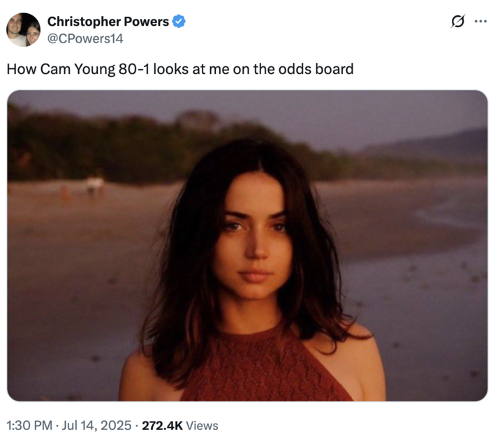 A "tweet":https://knowyourmeme.com/memes/sites/twitter-x using the Ana de Armas Beach Look photo, captioned, "How Cam Young 80-1 looks at me on the odds board."