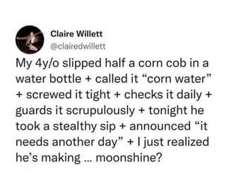 Claire Willett @clairedwillett My 4y/o slipped half a corn cob in a water bottle + called it "corn water" + screwed it tight + checks it daily + guards it scrupulously + tonight he took a stealthy sip + announced "it needs another day" + I just realized he's making ... moonshine?