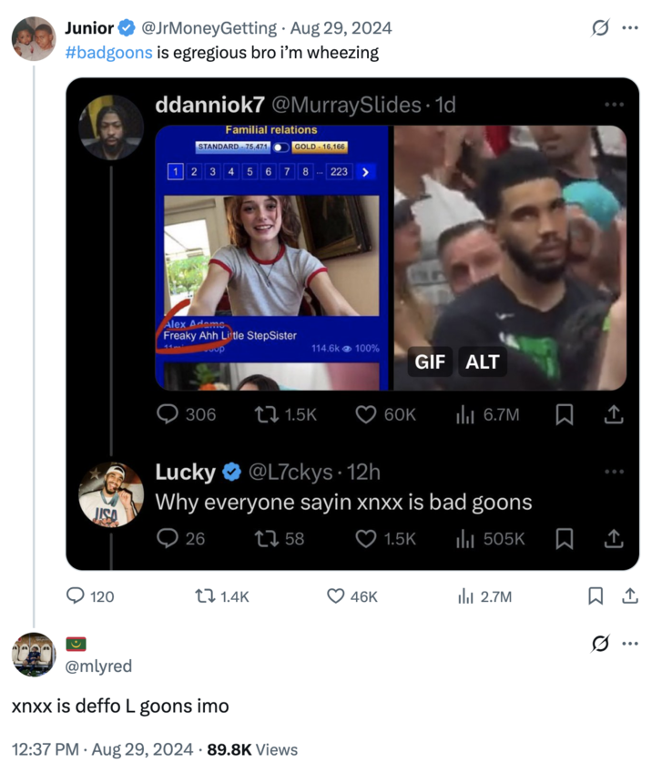 xnxx is deffo L goons imo A "tweet":https://knowyourmeme.com/memes/sites/twitter-x saying that "xnxx is deffo L goons imo."