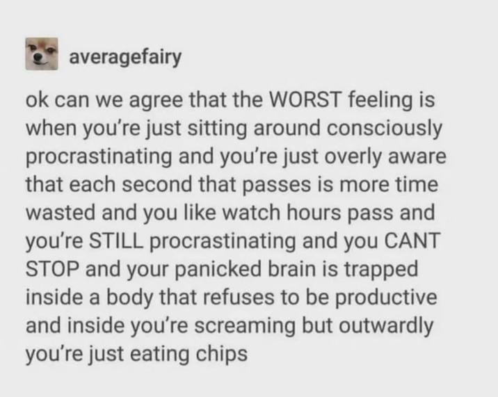 averagefairy ok can we agree that the WORST feeling is when you're just sitting around consciously procrastinating and you're just overly aware that each second that passes is more time wasted and you like watch hours pass and you're STILL procrastinating and you CANT STOP and your panicked brain is trapped inside a body that refuses to be productive and inside you're screaming but outwardly you're just eating chips