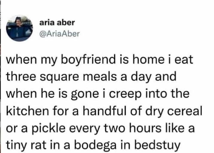 aria aber @AriaAber when my boyfriend is home i eat three square meals a day and when he is gone i creep into the kitchen for a handful of dry cereal or a pickle every two hours like a tiny rat in a bodega in bedstuy