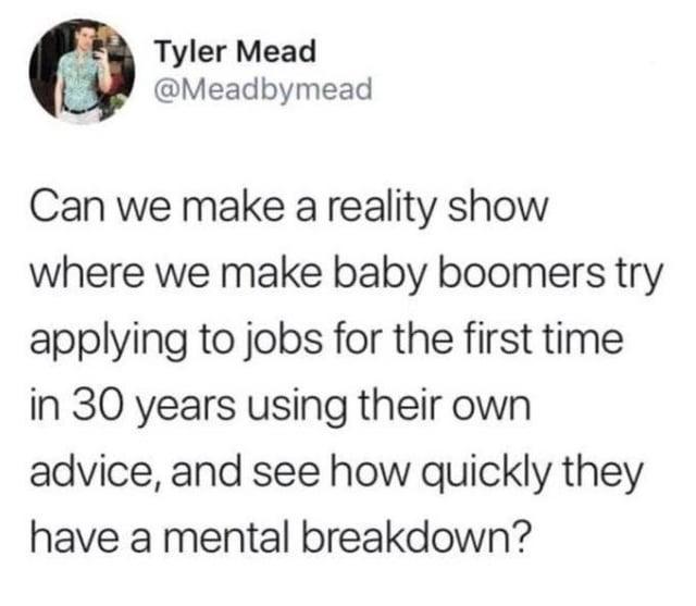 Tyler Mead @Meadbymead Can we make a reality show where we make baby boomers try applying to jobs for the first time in 30 years using their own advice, and see how quickly they have a mental breakdown?