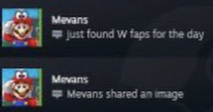 just found W Faps for the day A screenshot of a "Steam":https://knowyourmeme.com/memes/sites/steam user named Mevans with a "Mario":https://knowyourmeme.com/memes/subcultures/super-mario profile picture, saying, "Just found W Faps for the day"