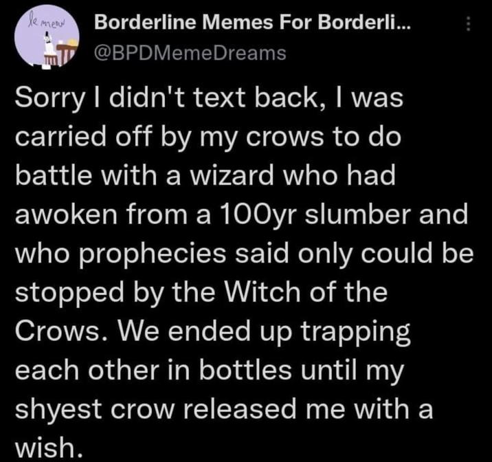 le mea Borderline Memes For Borderli... B @BPDMemeDreams Sorry I didn't text back, I was carried off by my crows to do battle with a wizard who had awoken from a 100yr slumber and who prophecies said only could be stopped by the Witch of the Crows. We ended up trapping each other in bottles until my shyest crow released me with a wish.