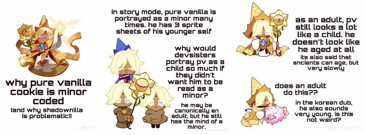 Cookie Run Minor-Coded Pure Vanilla depui in story mode, pure vanilla is portrayed as a minor many times. he has 3 sprite sheets of his younger self why would devsisters portray pv as a child so much if they didn't want him to be read as a minor? he may be canonically an adult, but he still has the mind of a minor. purevanilla as an adult, pv still looks a lot like a child. he doesn't look like he aged at all its also said that ancients can age, but very slowly does an adult do this?? in the korean dub, he also sounds very young. is this not weird? d@purevanilla why pure vanilla cookie is minor coded (and why shadownilla is problematic!)