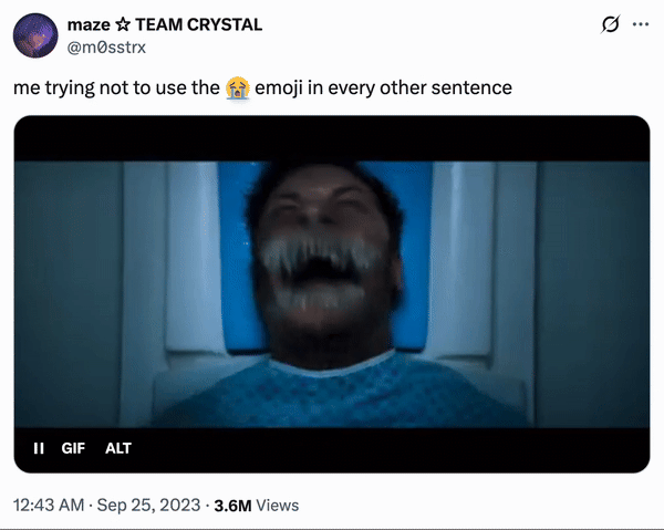 X user @m0sstrx posted a GIF of Tom Hardy raging and turning into Venom in the MRI machine alongside a caption that read, "me trying not to use the 😭 emoji in every other sentence." The post gathered over 100,000 likes in two years.