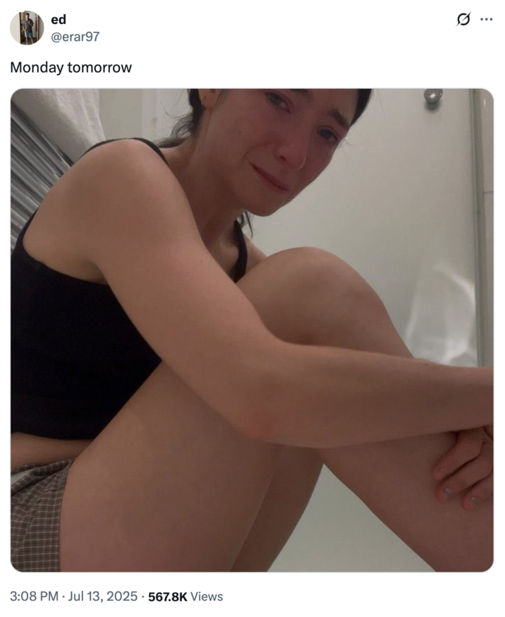 July 13th, 2025 tweet by @erar97 X user @erar97 tweeted an image of Lorde hugging her knees and crying alongside a caption that read, "Monday tomorrow," gathering over 20,000 likes in three days.