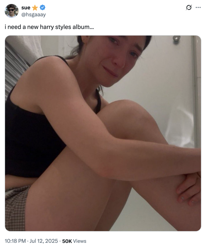 July 12th, 2025 tweet by @hsgaaay X user @hsgaaay tweeted, "i need a new harry styles album..." alongside an image of Lorde sitting on the floor and looking into the camera, crying.