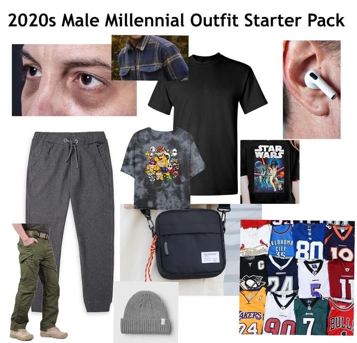 2020s Male Millennial Outfit Starter Pack STAR WARS Cardinals KLAHOMA CITY 35 80 10 BRONCOS H CHARGERS CARDINALS AKERS EAGLES 24907 BULL
