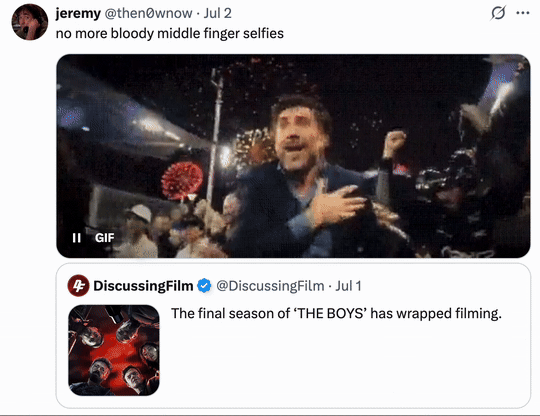 July 2nd, 2025 tweet by @then0wnow On July 2nd, 2025, X user @then0wnow posted a GIF showing Janier Bardem celebrating with fireworks exploding behind him to joke about "_The Boys_":https://knowyourmeme.com/memes/subcultures/the-boys ending, writing, "no more bloody middle finger selfies," and gathering over 4,000 likes in two weeks.