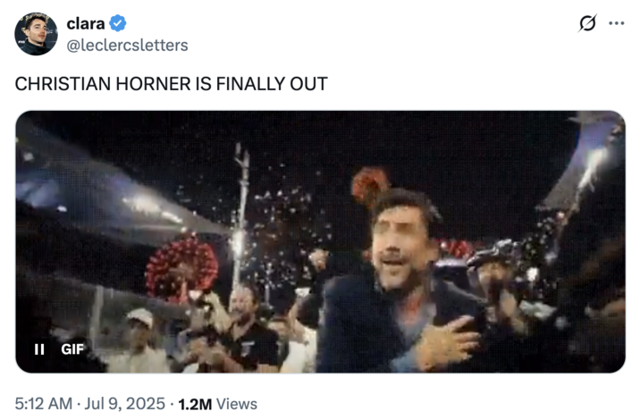 July 9th, 2025 tweet by @leclercsletters X user @leclercsletters tweeted about Christian Horner, a British motorsport executive and former racing driver, being fired from the Red Bull F1 team in July 2025, alongside a GIF showing Javier Bardem celebrating in the F1 movie.
