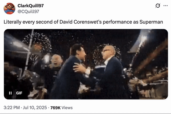 July 10th, 2025 tweet by @CQuill97 X user @CQuill97 posted the Javier Berdam Fireworks Celebration GIF alongside a caption that read, "Literally every second of David Corenswet's performance as Superman." The post gathered over 30,000 likes in a week.