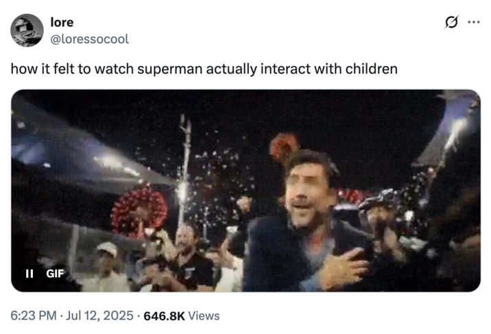 July 12th, 2025 tweet by @loressocool X user @loressocool posted a GIF of Javier Bardem celebrating in the F1 movie, writing, "how it felt to watch superman actually interact with children," and gathering over 50,000 likes in four days.