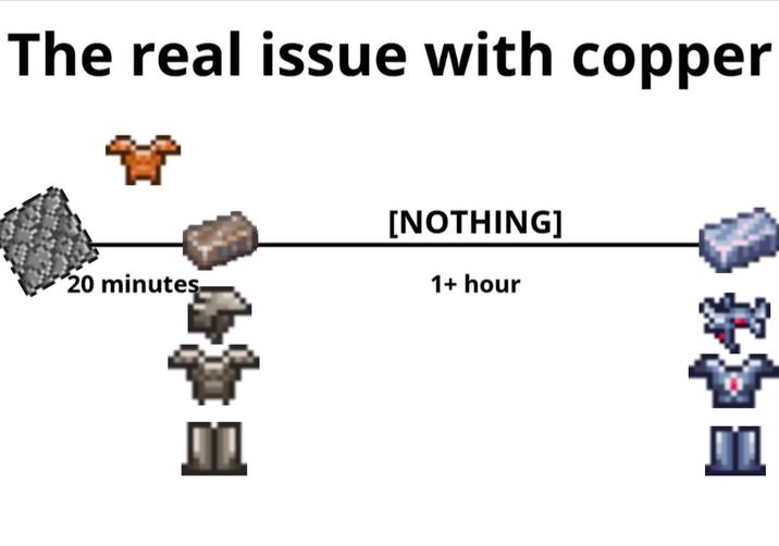 The Issue With Terraria's Copper A version of the "real issue with copper" meme. The meme talks about copper in Terraria.