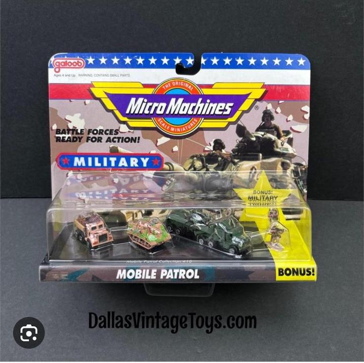 galoob Ages 4 and Up WARNING CONTAINS SMALL PARTS THE ORIGINAL Micro Machines SCALE INIATURES BATTLE FORCES READY FOR ACTION! MILITARY € BONUS! MILITARY MOBILE PATROL BONUS! Dallas VintageToys.com