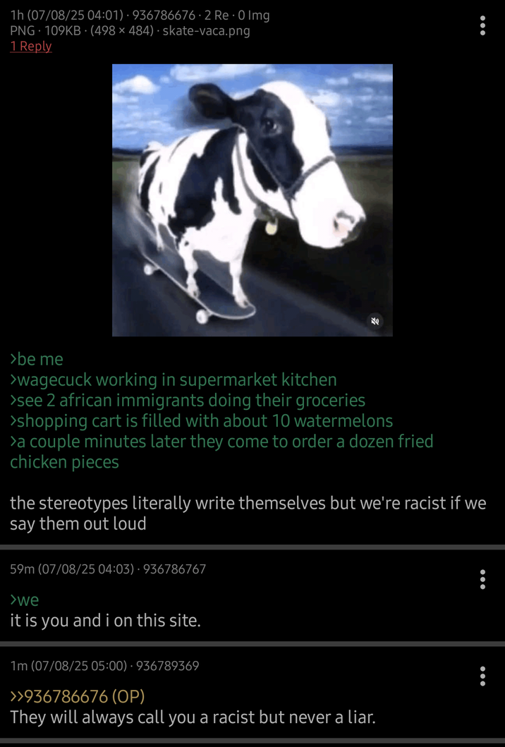 1h (07/08/25 04:01) 936786676.2 Re- 0 Img PNG. 109KB. (498 × 484) · skate-vaca.png 1 Reply 0 >be me >wagecuck working in supermarket kitchen >see 2 african immigrants doing their groceries >shopping cart is filled with about 10 watermelons >a couple minutes later they come to order a dozen fried chicken pieces the stereotypes literally write themselves but we're racist if we say them out loud 59m (07/08/25 04:03) 936786767 >we it is you and i on this site. 1m (07/08/25 05:00) 936789369 >>936786676 (OP) They will always call you a racist but never a liar.