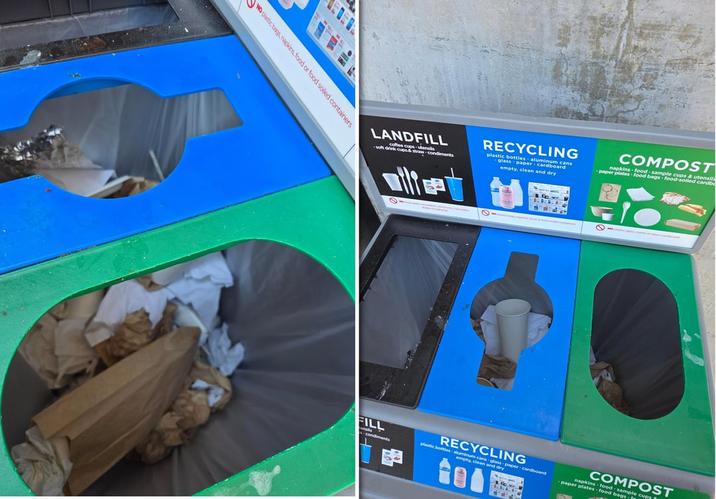 NO plastic bags, napkins, food or food soiled containers LANDFILL coffee cups utensils soft drink cups & straw condiments RECYCLING plastic bottles aluminum cans glass paper cardboard empty, clean and dry COMPOST napkins-food-sample cups & utensils -paper plates-food bags-food-solled cardb FILL condiments RECYCLING plastic bottles-aluminum cans-glass paper cardboard empty, clean and dry COMPOST napkins food sample cups a paper plates food bags