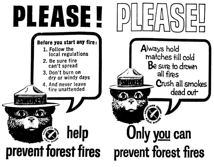 PLEASE! PLEASE! Before you start any fire: 1. Follow the local regulations 2. Be sure fire can't spread 3. Don't burn on dry or windy days 4. And never leave fire unattended Always hold matches till cold Be sure to drown all fires Crush all smokes dead out LOVERTISING PUBLIC SERVICE COUNCIL help prevent forest fires PUBLIC VERTISING SERVICE COUN Only you can prevent forest fires