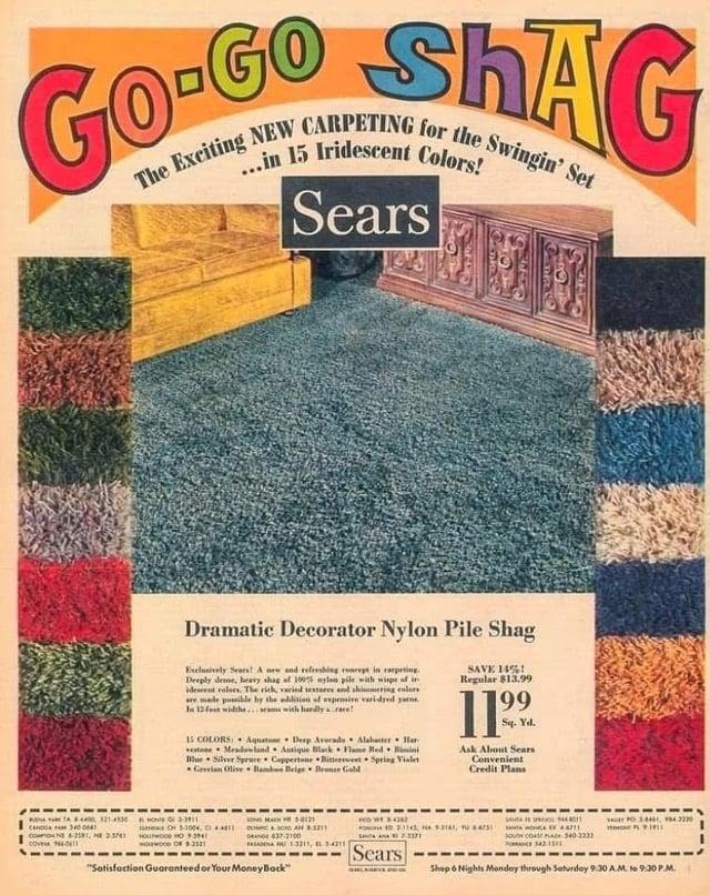 The Exciting NEW CARPETING for the Swingin' Set ...in 15 Iridescent Colors! Sears CANDA A 3400041 COMPTON с Exclusively Sears! A new and refreshing ronrept in carpeting. Deeply deme, heavy of 100% nylon pile with wise of i ident colors. The rich, varied testares and shimmering clos are made possible by the addition of expensive varidyed y In 12ft width..am with hardly race! 15 COLORS: Aquatune Deep Averado Alabaster Har vestone Meadowland Antique Black Flame Red Bimini Blue Silver Spruce Coppertone Bittersweet Spring Vialet Grecian Olive Bambe Beige Beene Gold SAVE 14%! Regular $13.99 1199 Sq. Yd. Ask About Sears Convenient Credit Plans 5-1004, 411 DC & SONG AN 821 - 33 37-2100 Sears "Satisfaction Guaranteed or Your Money Bock" PO 3441, 942230 P CO 540-3333 Shop 6 Nights Monday through Saturday 9:30 AM to 9:30P.M.