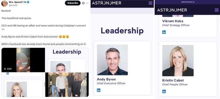 CEO and HR having an affair and were outed during Coldplay‘s concert 👀 A tweet claiming the couple at the Coldplay concert having an affair are a CEO and HR head at Astronomer io.