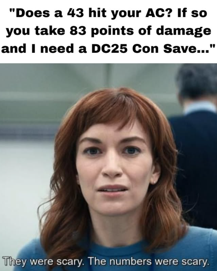 "Does a 43 hit your AC? If so you take 83 points of damage and I need a DC25 Con Save..." They were scary. The numbers were scary.