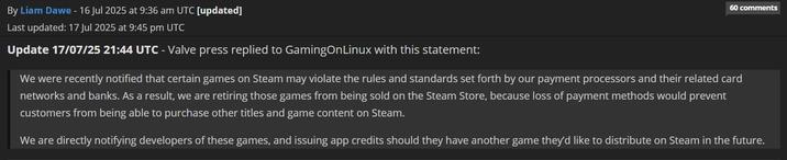 A response from someone at Valve to the payment processor update drama. The response offers credit to those who have had games removed.