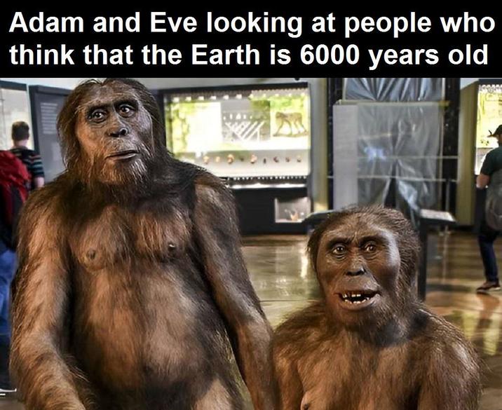 Adam and Eve looking at people who think that the Earth is 6000 years old