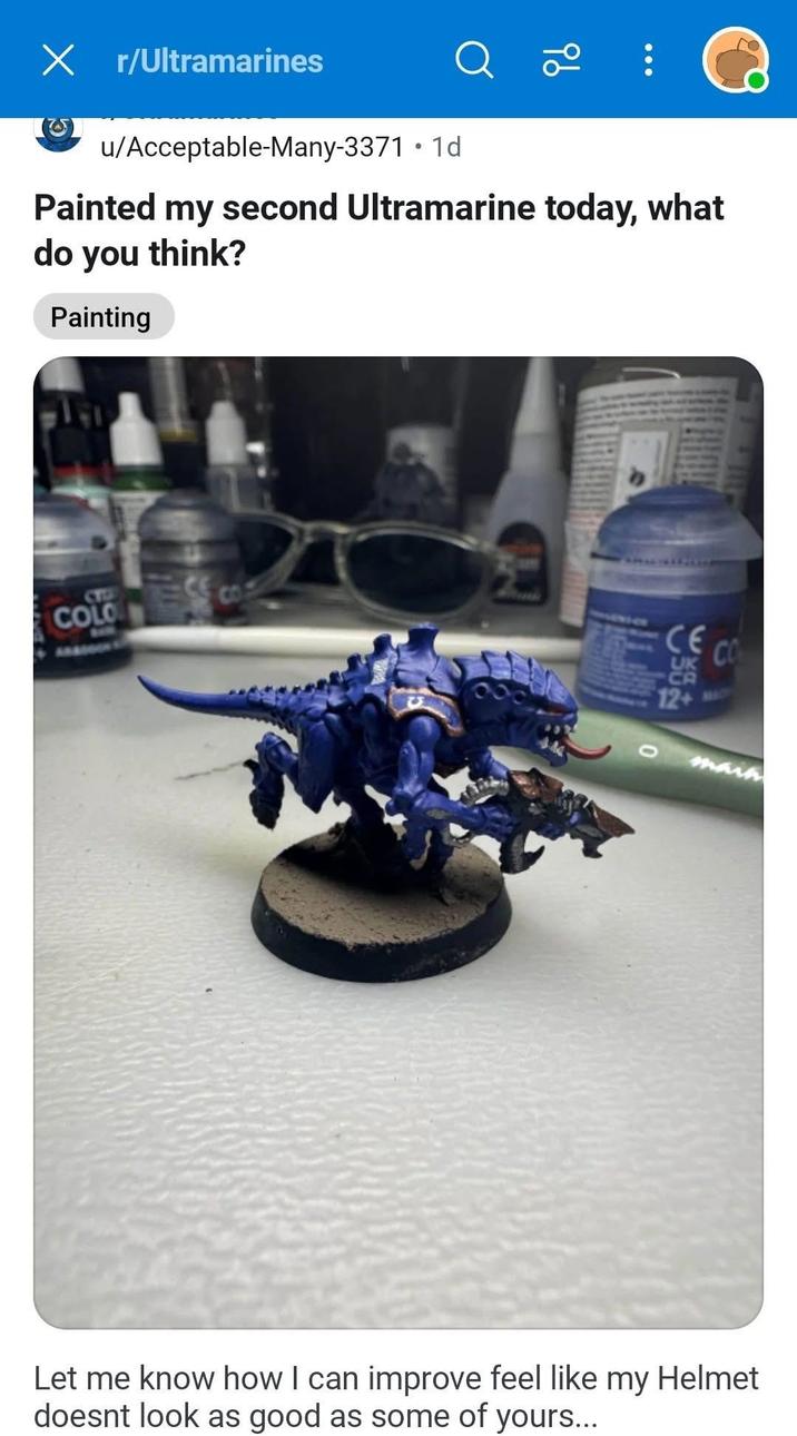 X r/Ultramarines u/Acceptable-Many-3371 • 1d 96 Painted my second Ultramarine today, what do you think? Painting CT COLO CE CO main Let me know how I can improve feel like my Helmet doesnt look as good as some of yours...