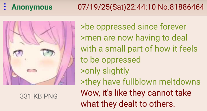 : Anonymous 331 KB PNG 07/19/25(Sat)22:44:10 No.81886464 >be oppressed since forever >men are now having to deal with a small part of how it feels to be oppressed >only slightly >they have fullblown meltdowns Wow, it's like they cannot take what they dealt to others.
