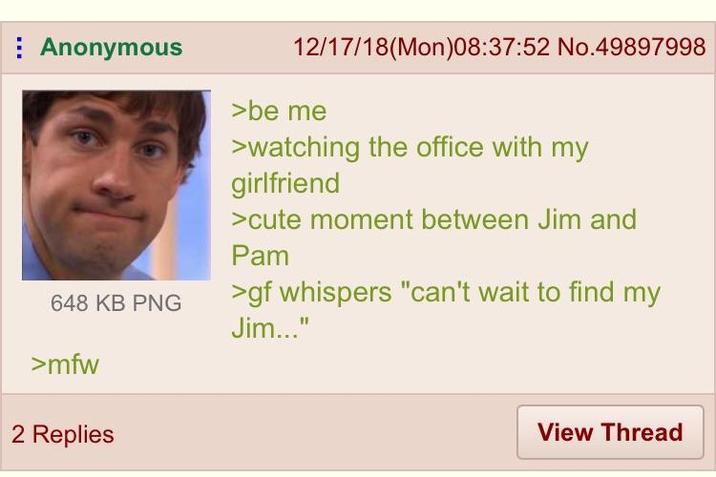Anonymous 648 KB PNG >mfw 2 Replies 12/17/18(Mon)08:37:52 No.49897998 >be me >watching the office with my girlfriend >cute moment between Jim and Pam >gf whispers "can't wait to find my Jim..." View Thread