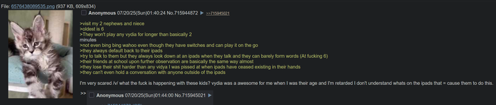 File: 6576438089535.png (937 KB, 609x834) Anonymous 07/20/25(Sun)01:40:24 No.715944872 ►>>715945021 >visit my 2 nephews and niece >oldest is 6 >They won't play any vydia for longer than basically 2 minutes >not even bing bing wahoo even though they have switches and can play it on the go >they always default back to their ipads >try to talk to them but they always look down at an ipads when they talk and they can barely form words (At f------ 6) >their friends at school upon further observation are basically the same way almost >they lose their s--- harder than any vidya I was p----- at when ipads have ceased existing in their hands >they can't even hold a conversation with anyone outside of the ipads I'm very scared /v/ what the f--- is happening with these kids? vydia was a awesome for me when I was their age and I'm retarded I don't understand whats on the ipads that = cause them to do this. Anonymous 07/20/25(Sun)01:44:00 No.715945021