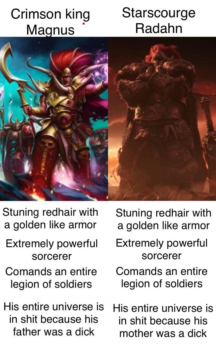 Crimson king Magnus Starscourge Radahn Stuning redhair with a golden like armor Extremely powerful sorcerer Comands an entire legion of soldiers His entire universe is in s--- because his father was a d--- Stuning redhair with a golden like armor Extremely powerful sorcerer Comands an entire legion of soldiers His entire universe is in s--- because his mother was a d---