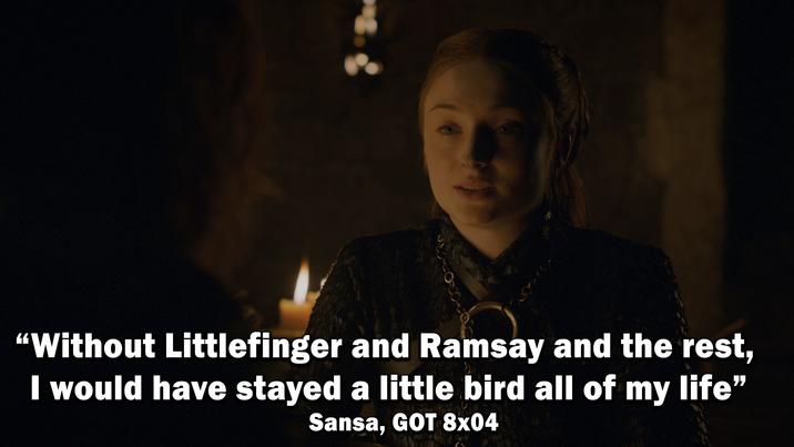"Without Littlefinger and Ramsay and the rest, I would have stayed a little bird all of my life" Sansa, GOT 8x04